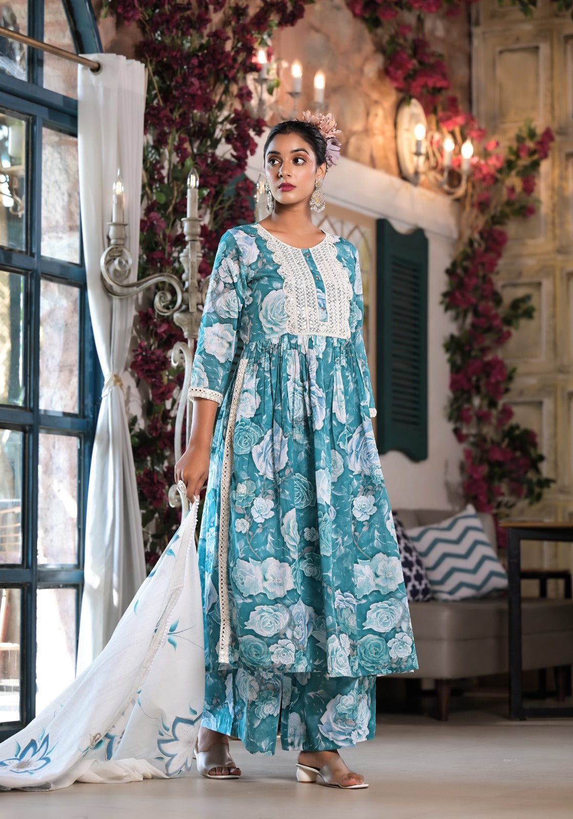 Radha Firozi Leaf Printed Nyra Pattern Suit Set