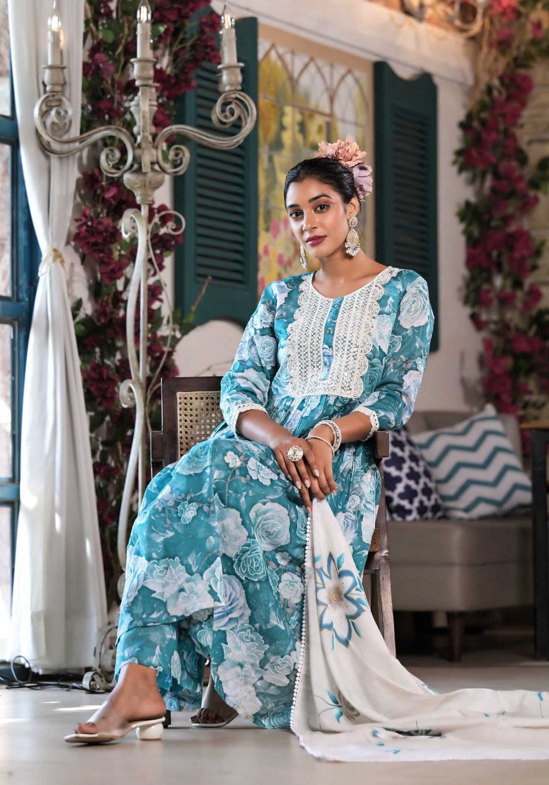 Radha Firozi Leaf Printed Nyra Pattern Suit Set