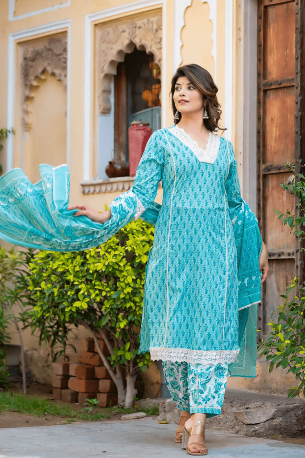 Vihaa Block Printed Afghani Sea Green Suit Set