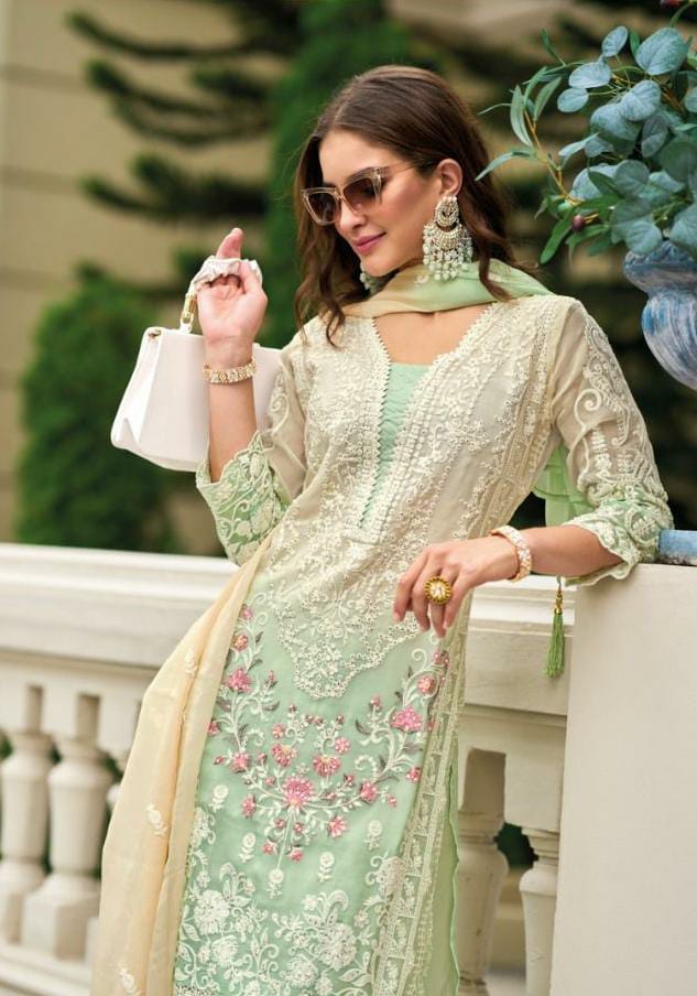 Ombray Classic Thread Embroidered Green Straight Suit Set