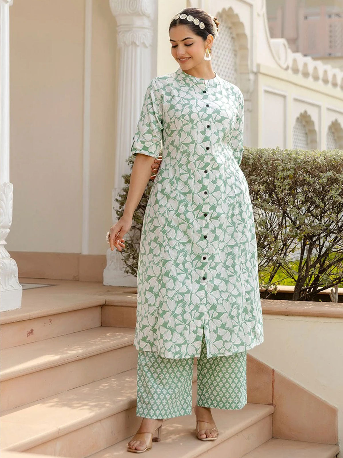 Maisha A-Line Block Printed White and Green Co-Ord Set