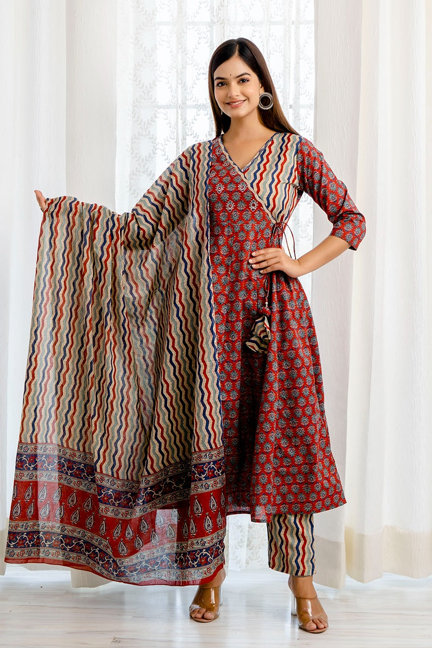 Akira Block Printed Maroon Angrakha Suit Set