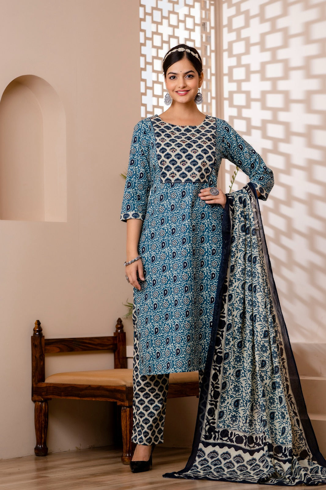 Kiara Block Printed Blue Suit Set