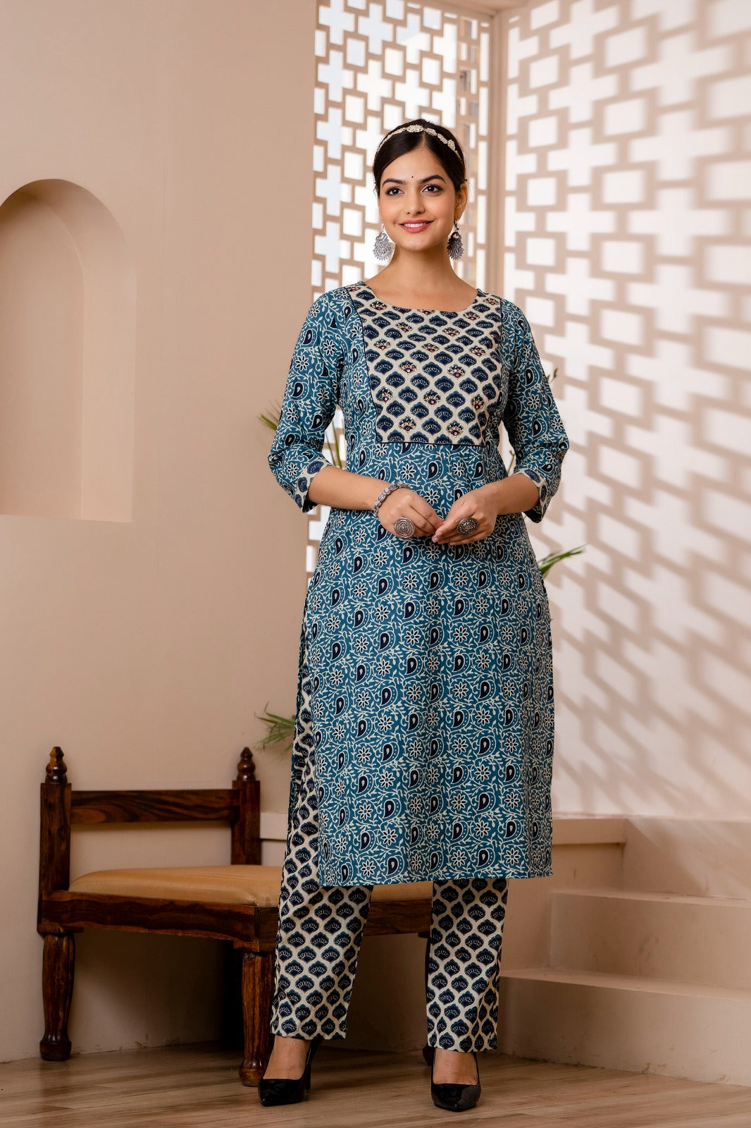 Kiara Block Printed Blue Suit Set