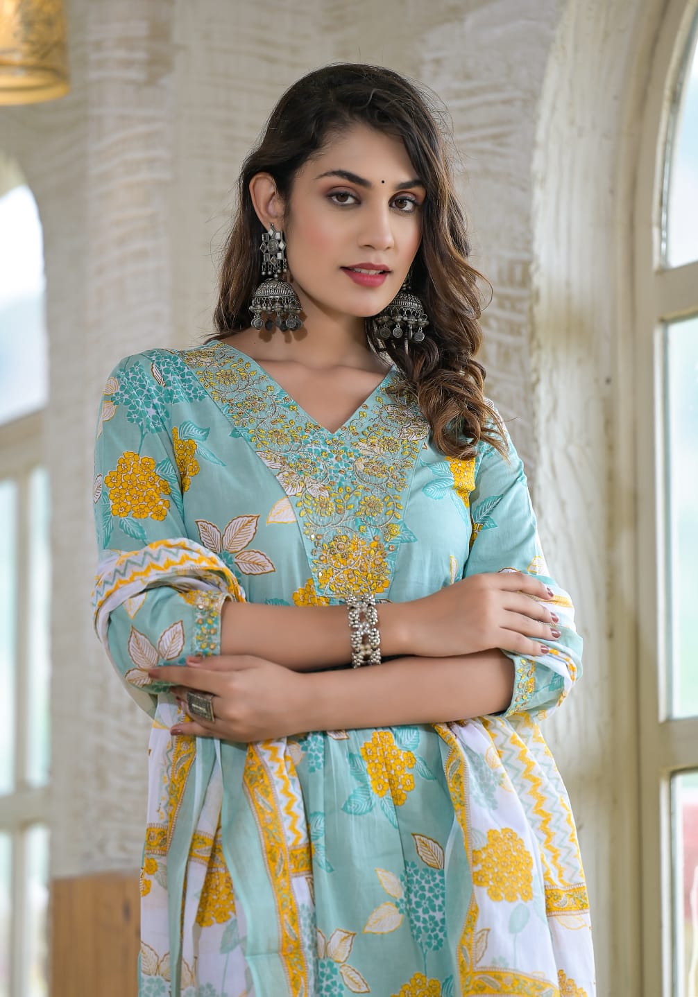 Radha Floral Printed V Neck Blue Straight Suit Set