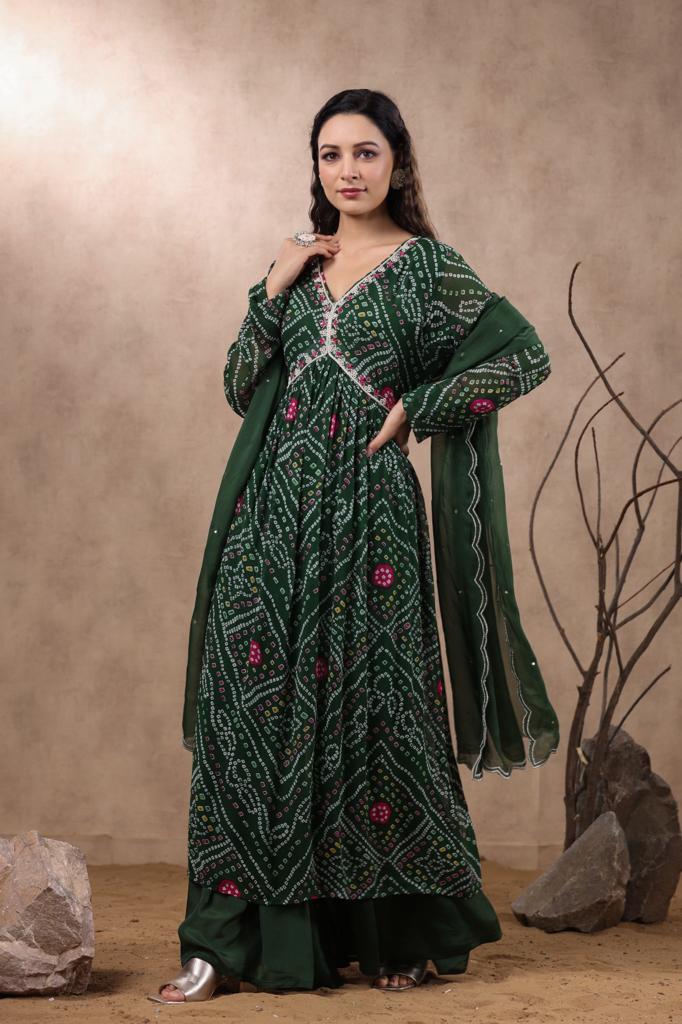 Navya Bandhani Green Alia Pattern Plazo Set