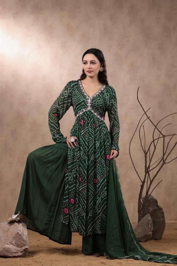 Navya Bandhani Green Alia Pattern Plazo Set