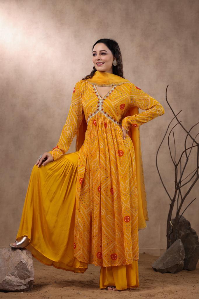 Navya Bandhani Yellow Alia Pattern Plazo Set