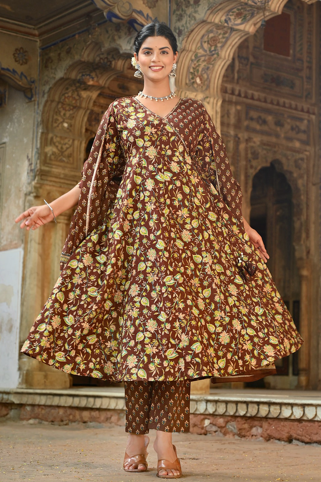 Kiara Brown Block Printed Angrakha Suit Set