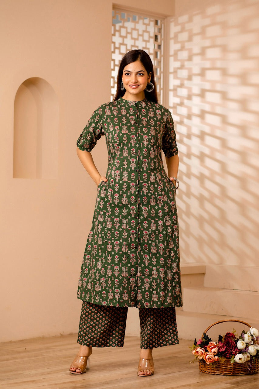 Maisha A-Line Block Printed Green Co-Ord Set