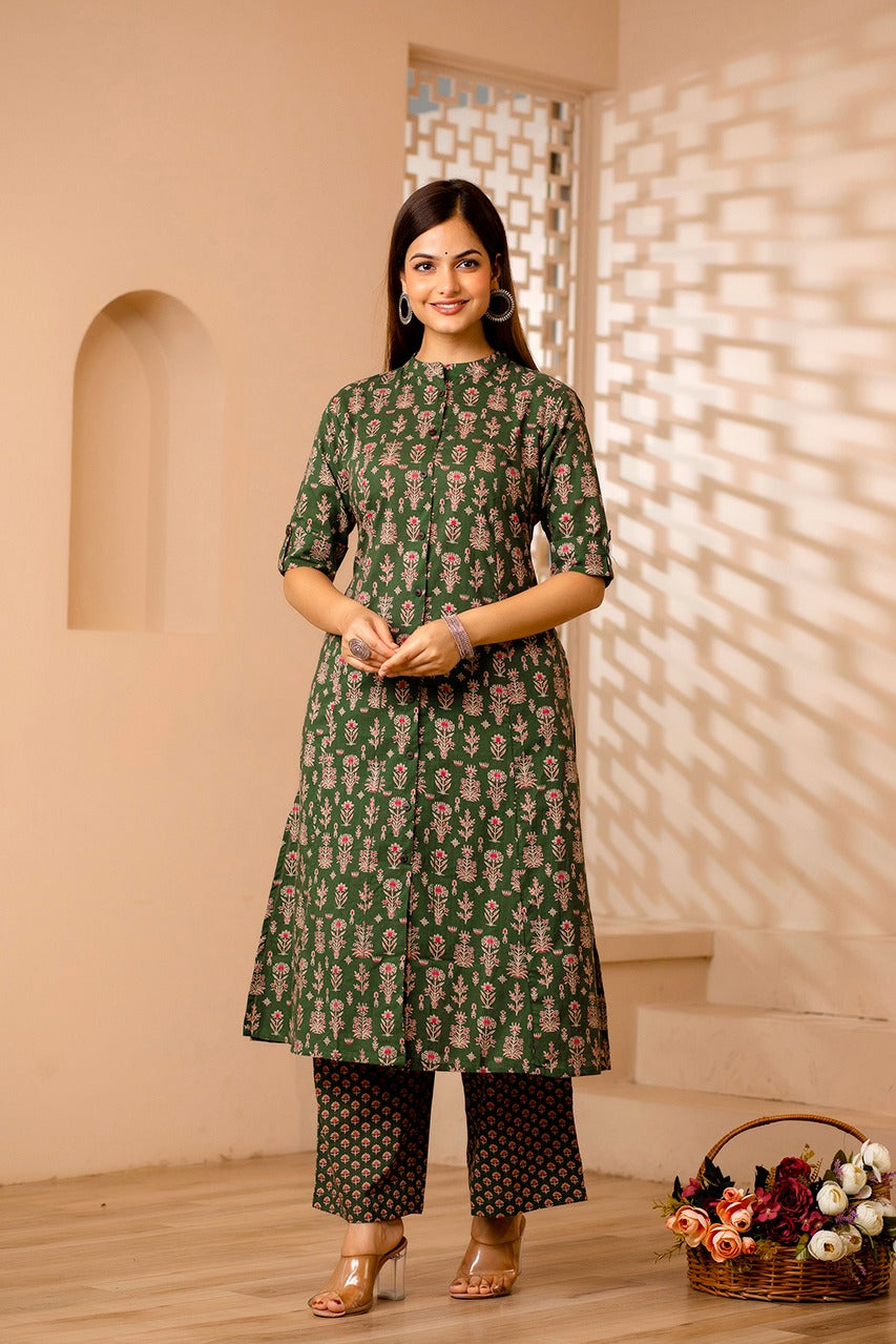 Maisha A-Line Block Printed Green Co-Ord Set