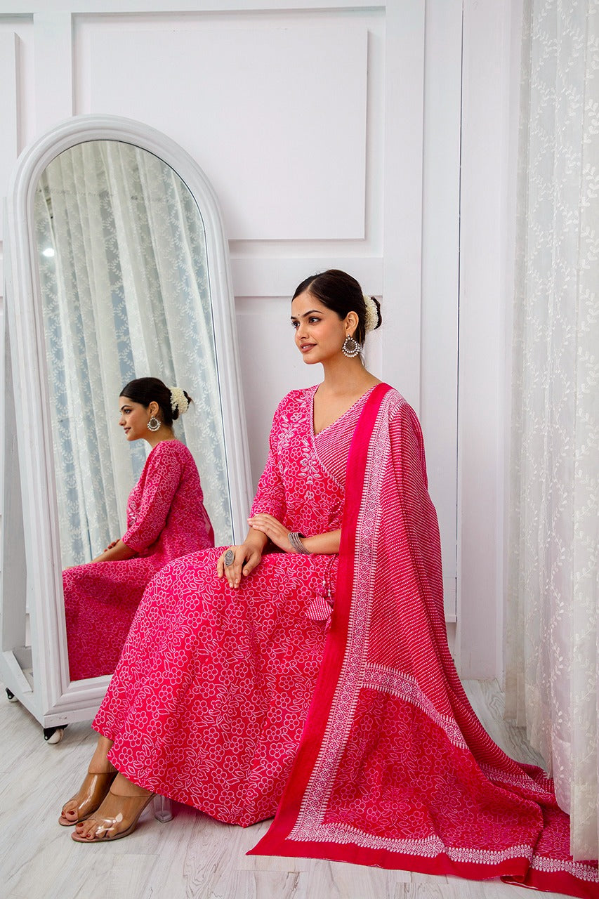 Kiara Bandhani and Lehariya Angrakha Suit Set