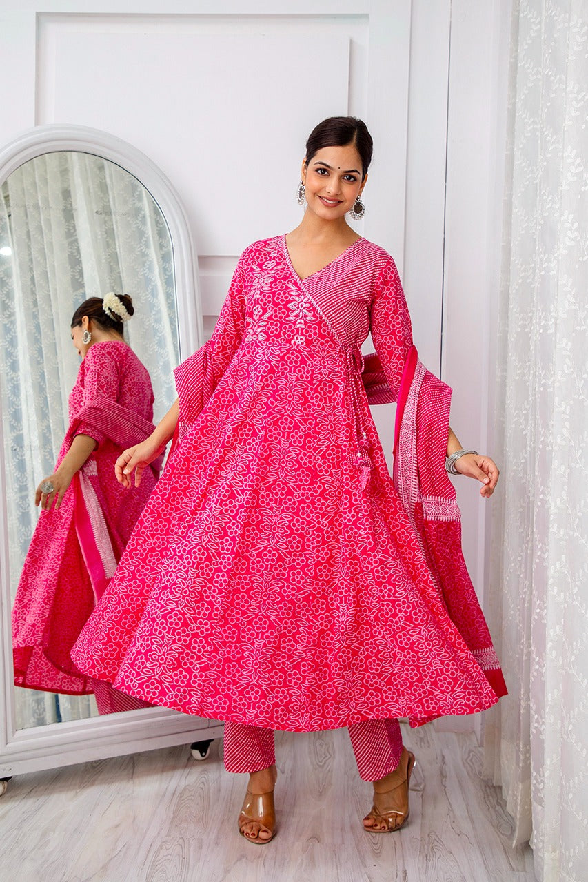 Kiara Bandhani and Lehariya Angrakha Suit Set