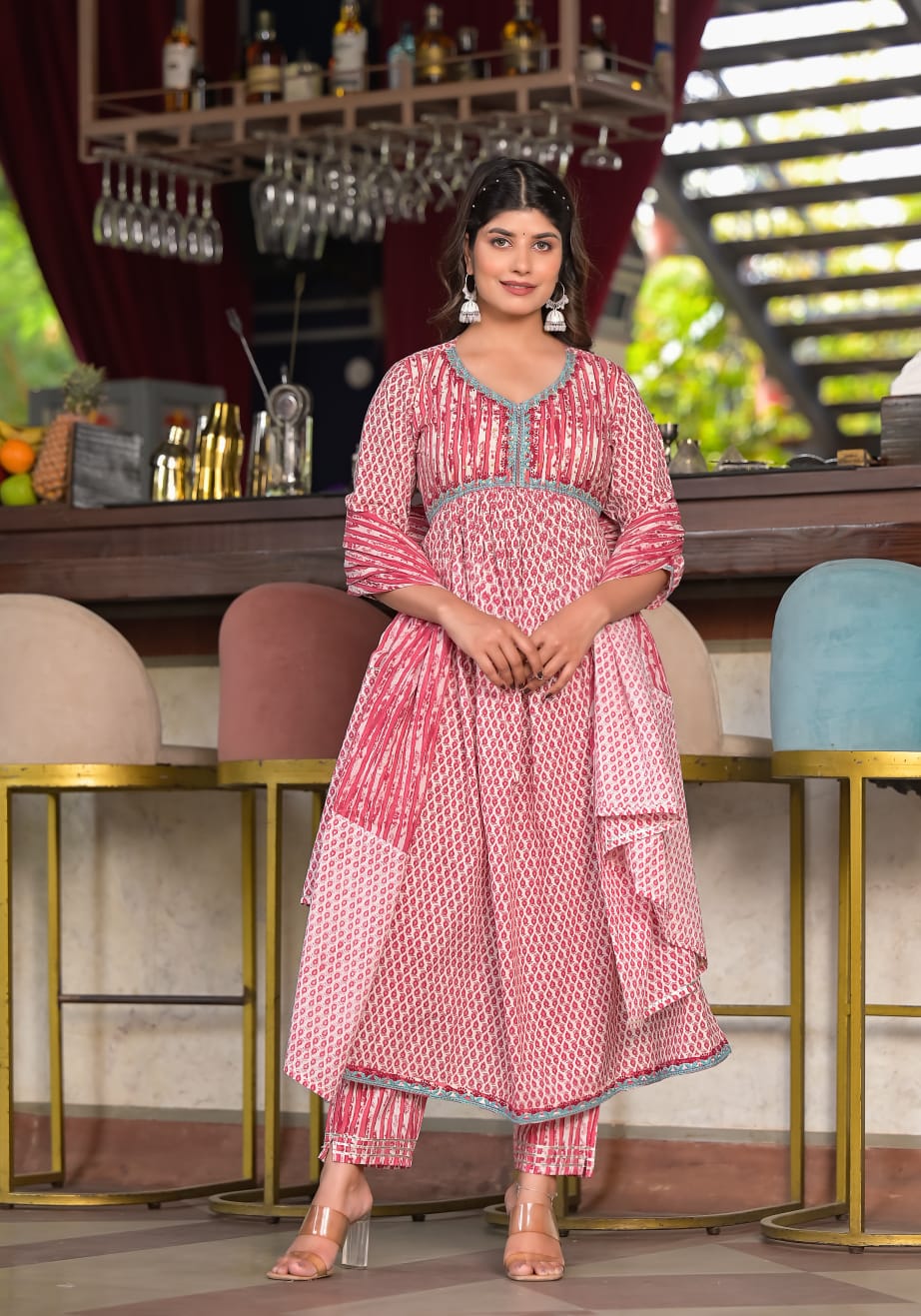 Radha Pink and White Block Printed Aliya Suit Set