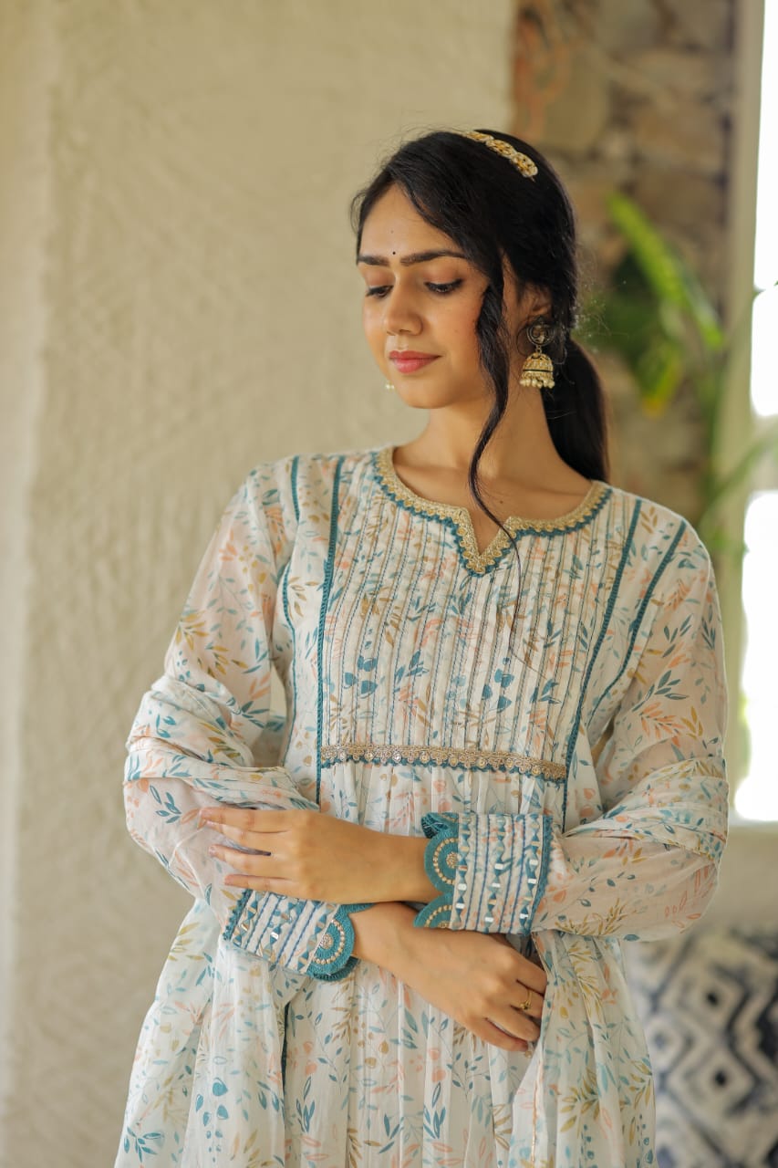 Radha Block Printed White Anarkali Suit Set