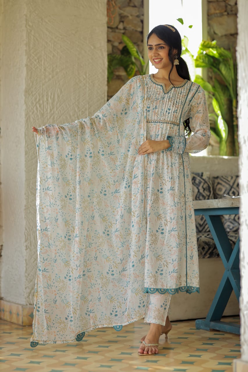 Radha Block Printed White Anarkali Suit Set