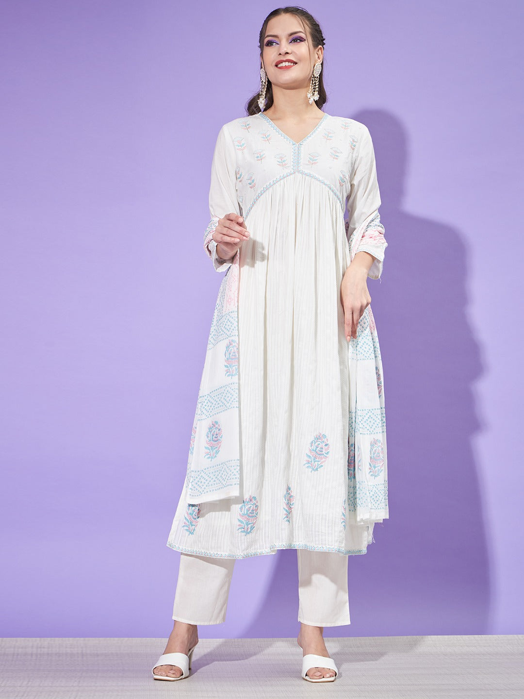 Akira White thread embroidered Alia Pattern suit set