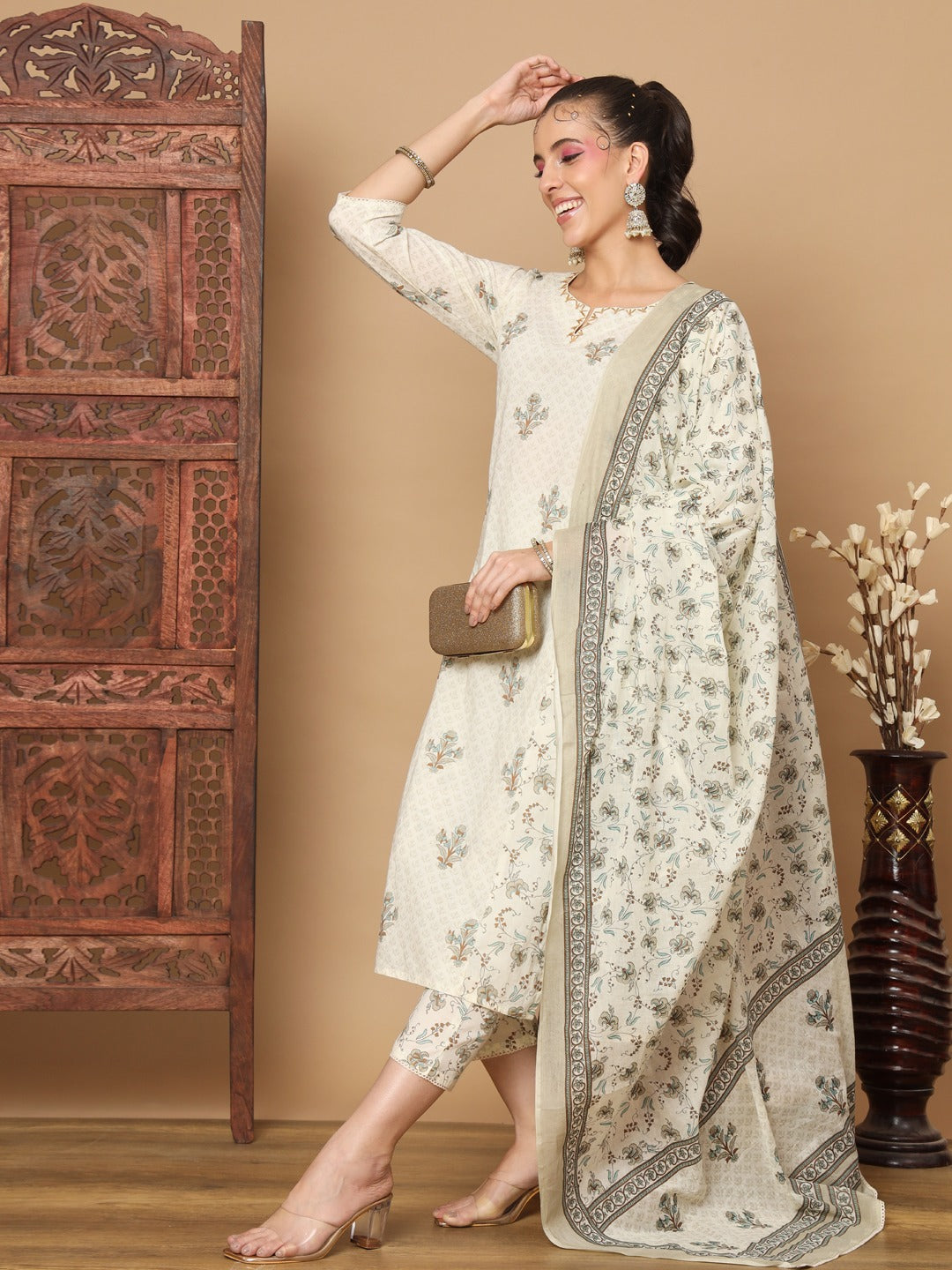 Kiara Block Printed Off White Straight Suit Set