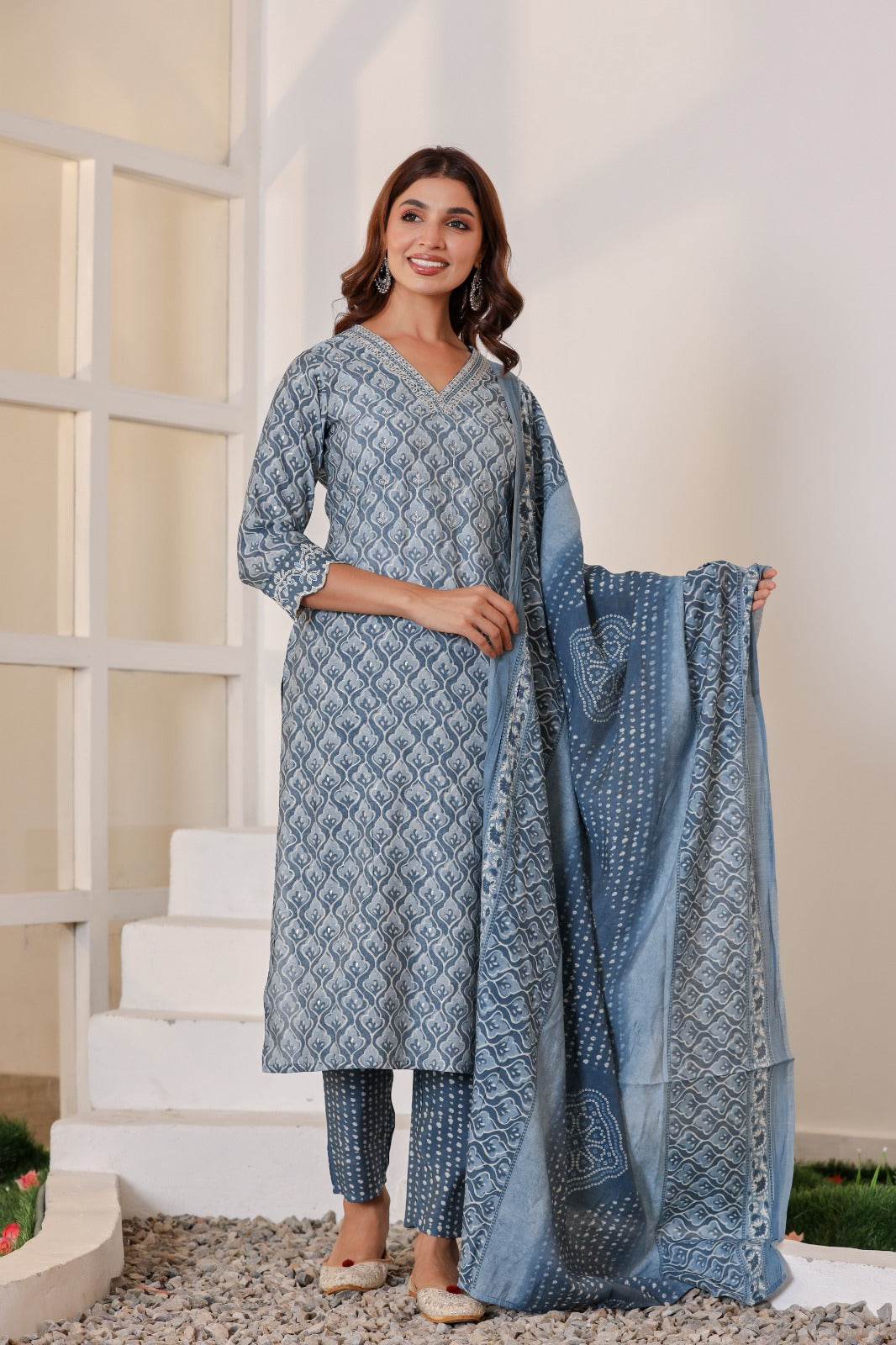 Vihaa Blue Block printed embroidered straight Suit Set