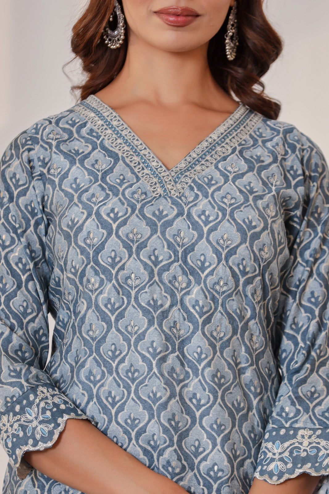 Vihaa Blue Block printed embroidered straight Suit Set