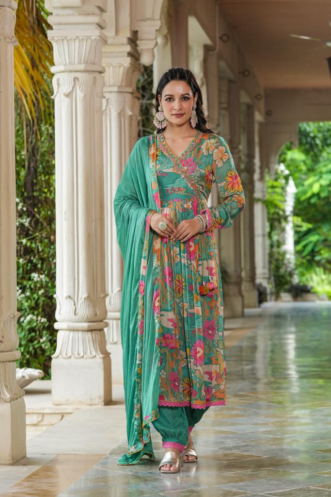 Vihaa Floral Printed Green Anarkali Afghani Suit Set