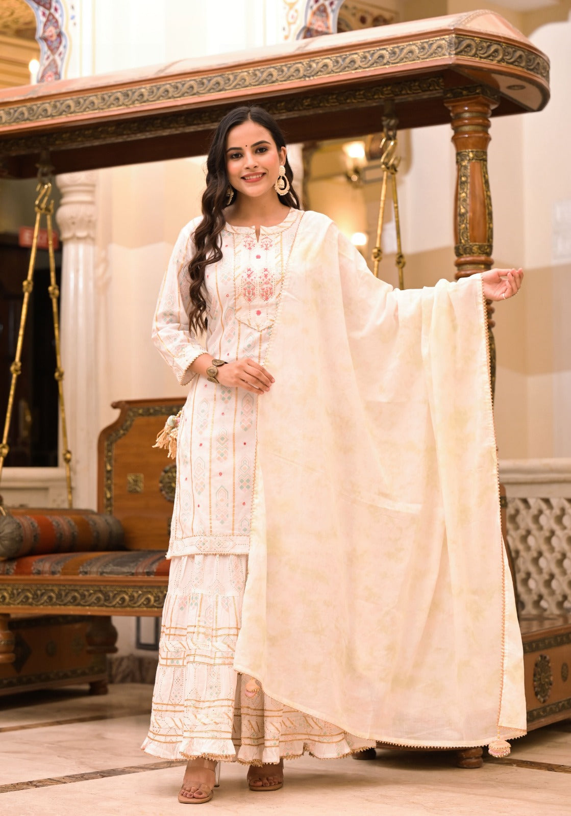 Kiara White Block Printed shrara suit set