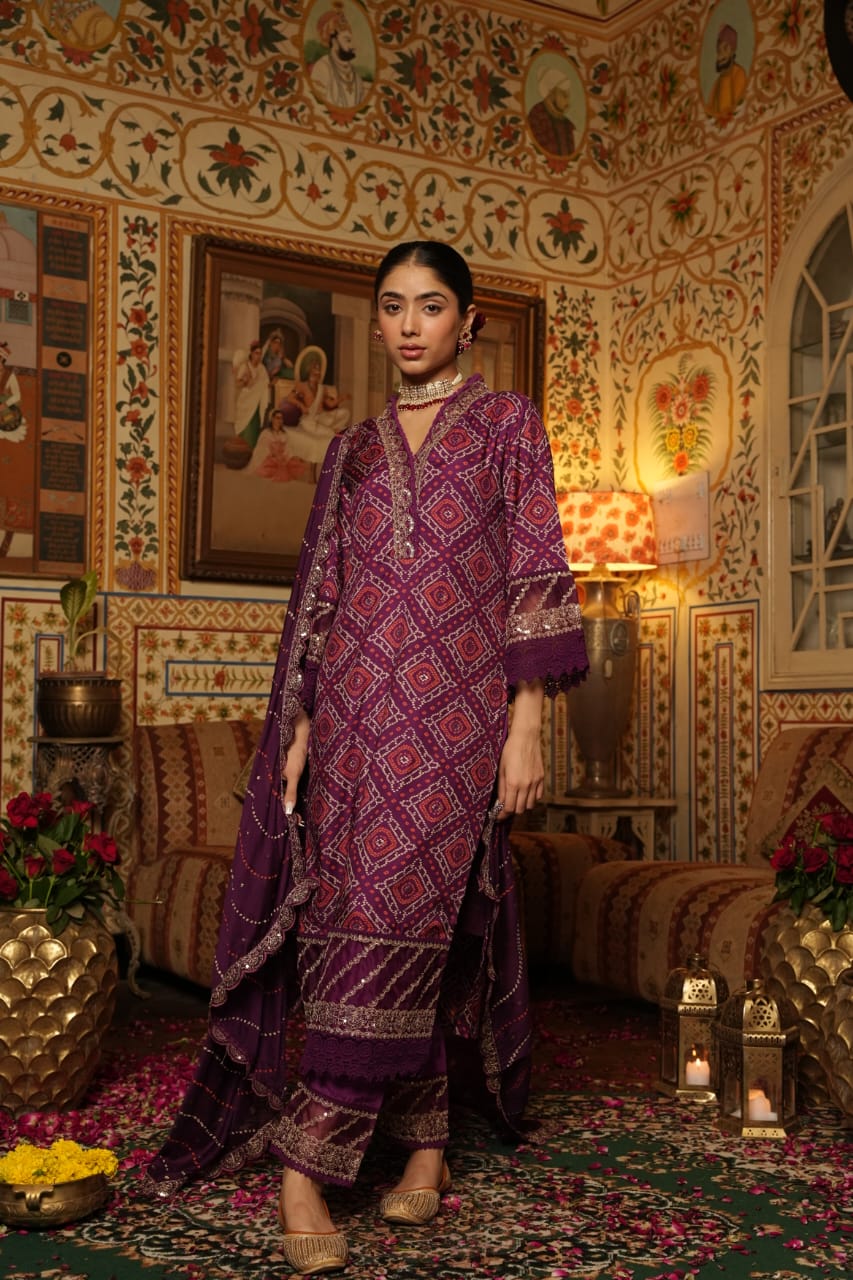 Vihaa Bandhani Printed Wine Straight Suit Sett