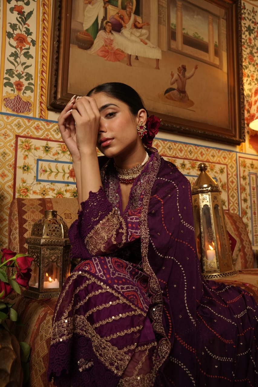Vihaa Bandhani Printed Wine Straight Suit Sett