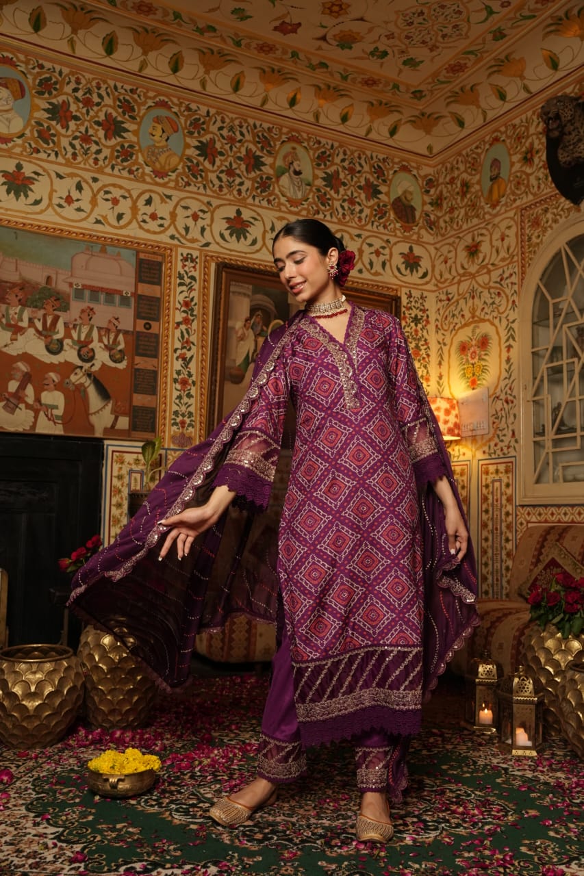 Vihaa Bandhani Printed Wine Straight Suit Sett