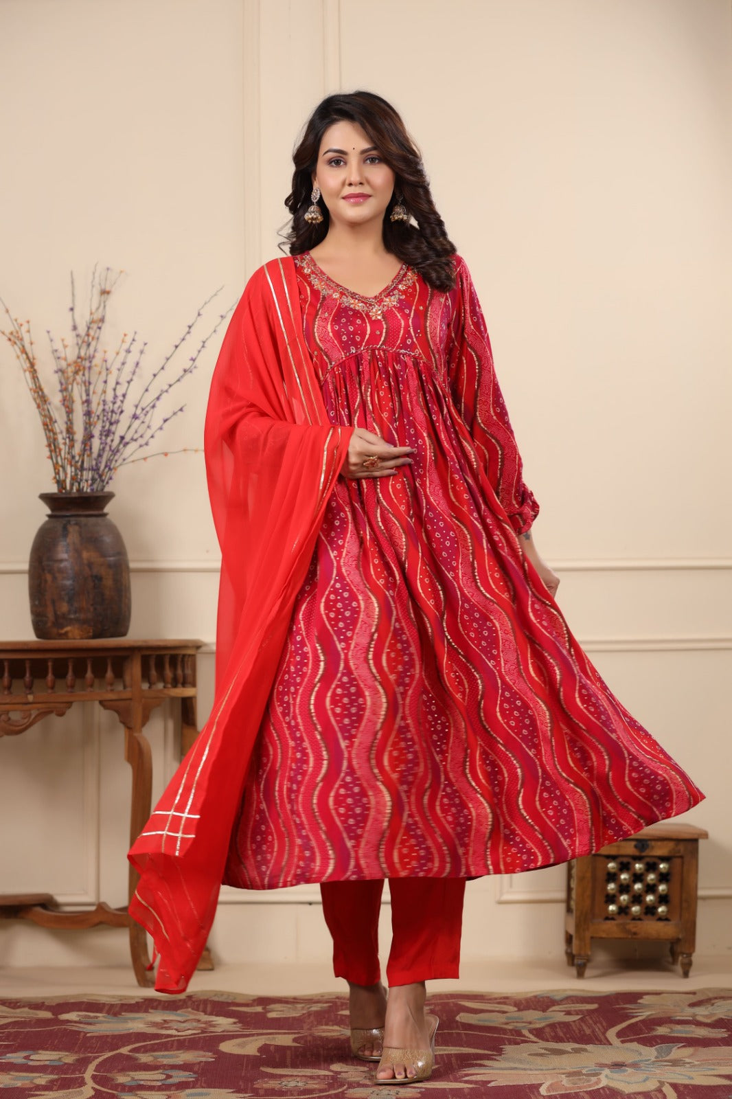 Heena Red Printed Alia Pattern Suit Set