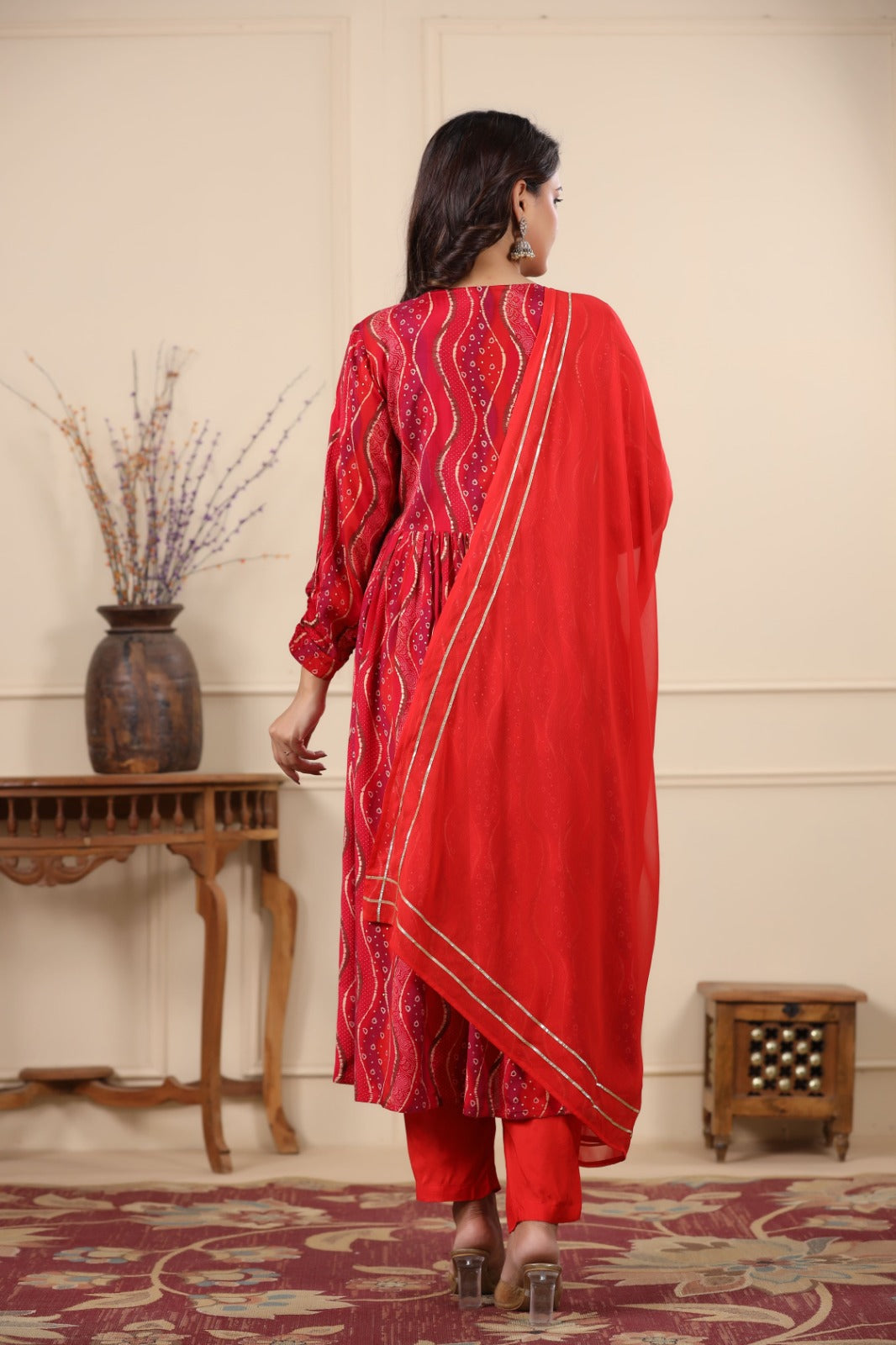 Heena Red Printed Alia Pattern Suit Set