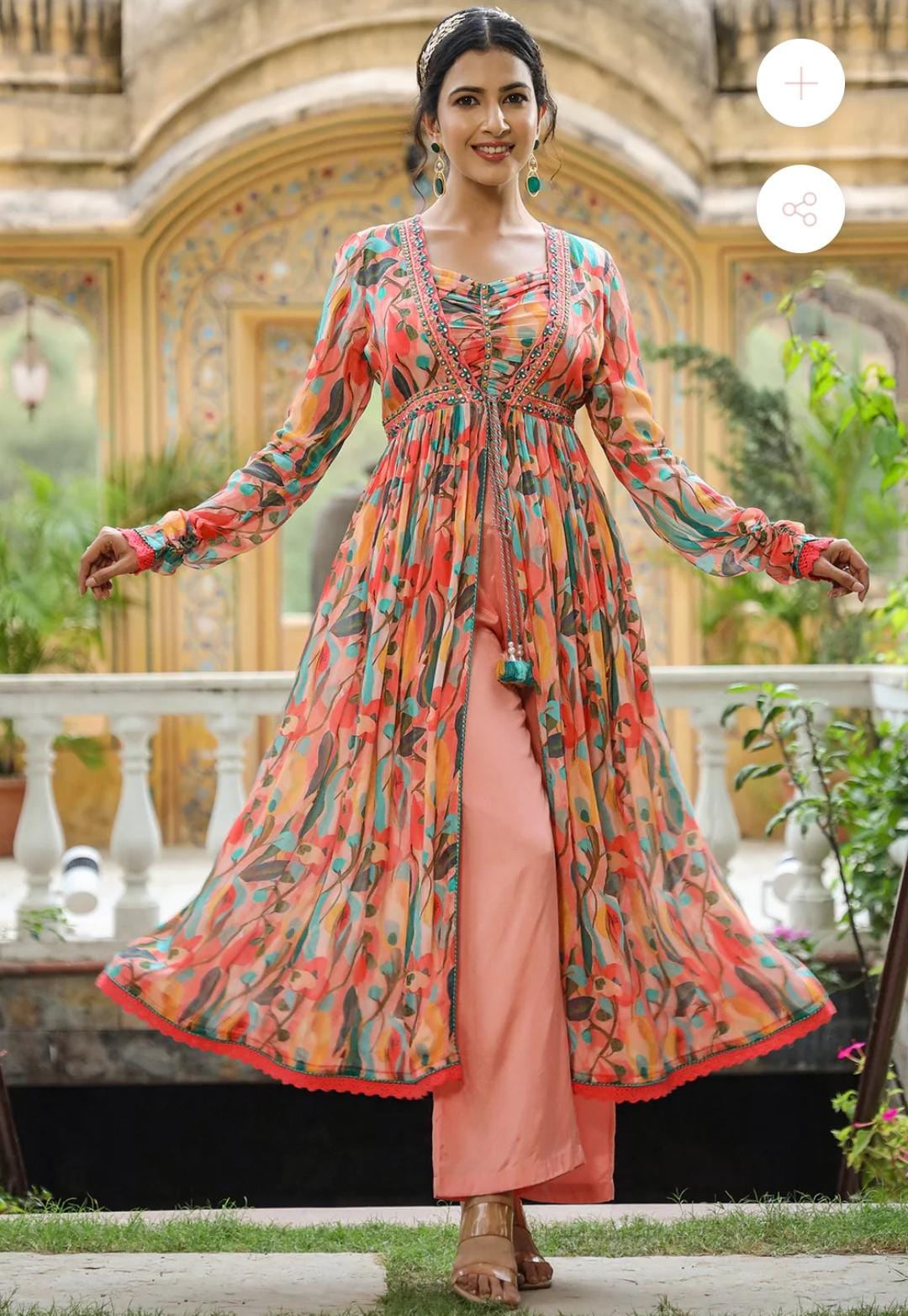 Vihaa Floral Printed Peach Crop Top Shrug Set