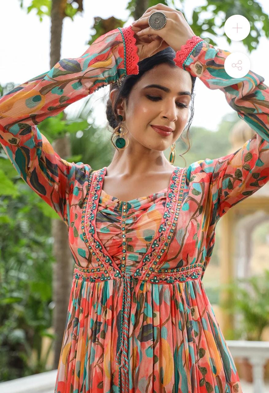 Vihaa Floral Printed Peach Crop Top Shrug Set