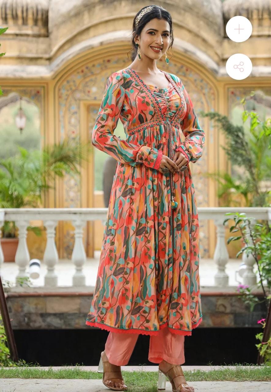 Vihaa Floral Printed Peach Crop Top Shrug Set