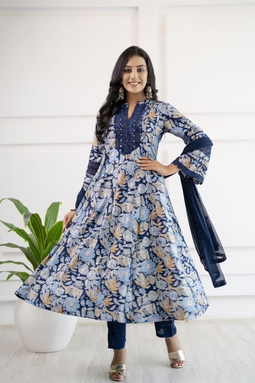 Heena Floral Printed Pakistani Style Shades of Blue Anarkali Suit Set
