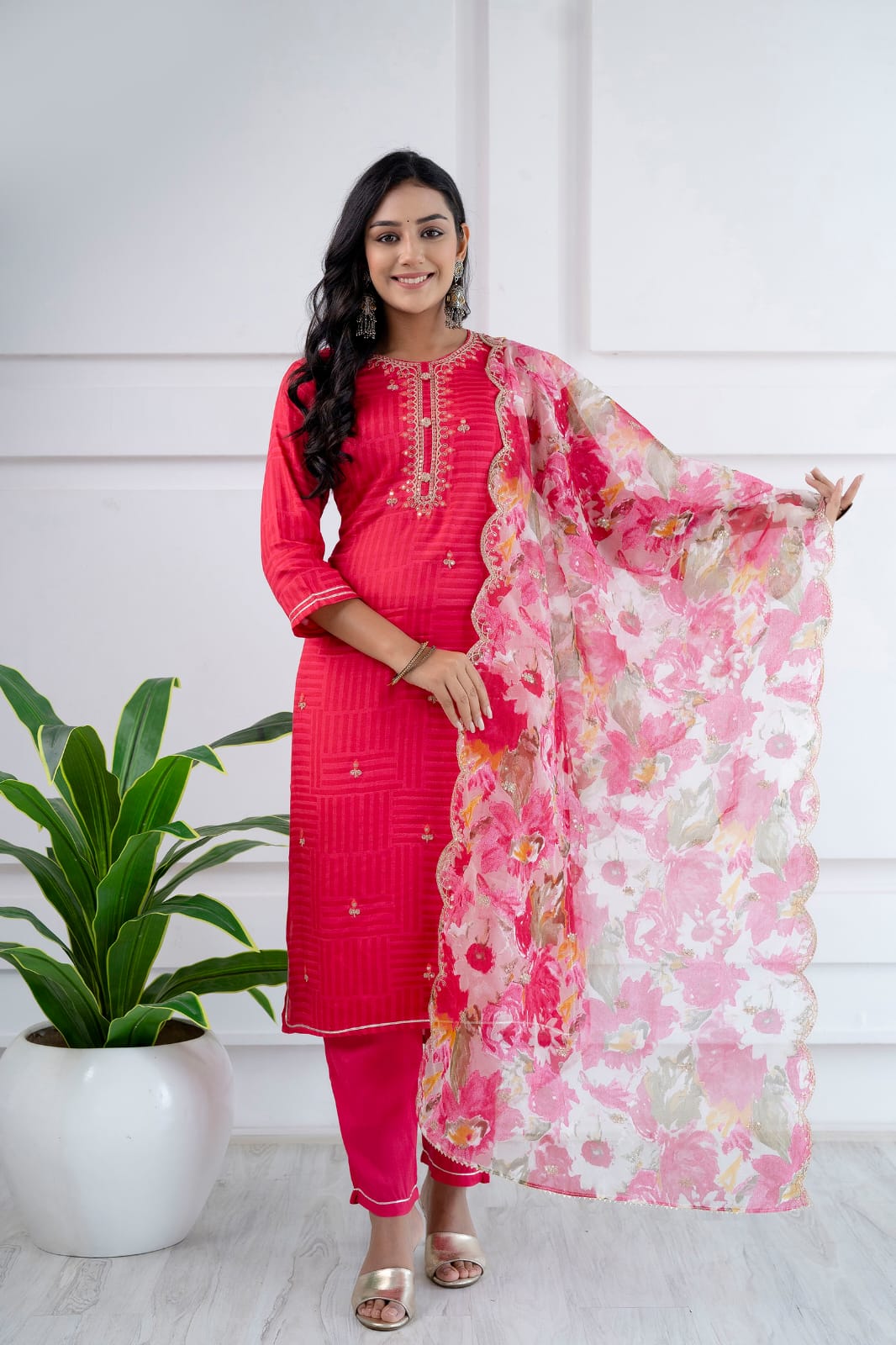 Kiara Solid Pink embroidered straight Suit Set