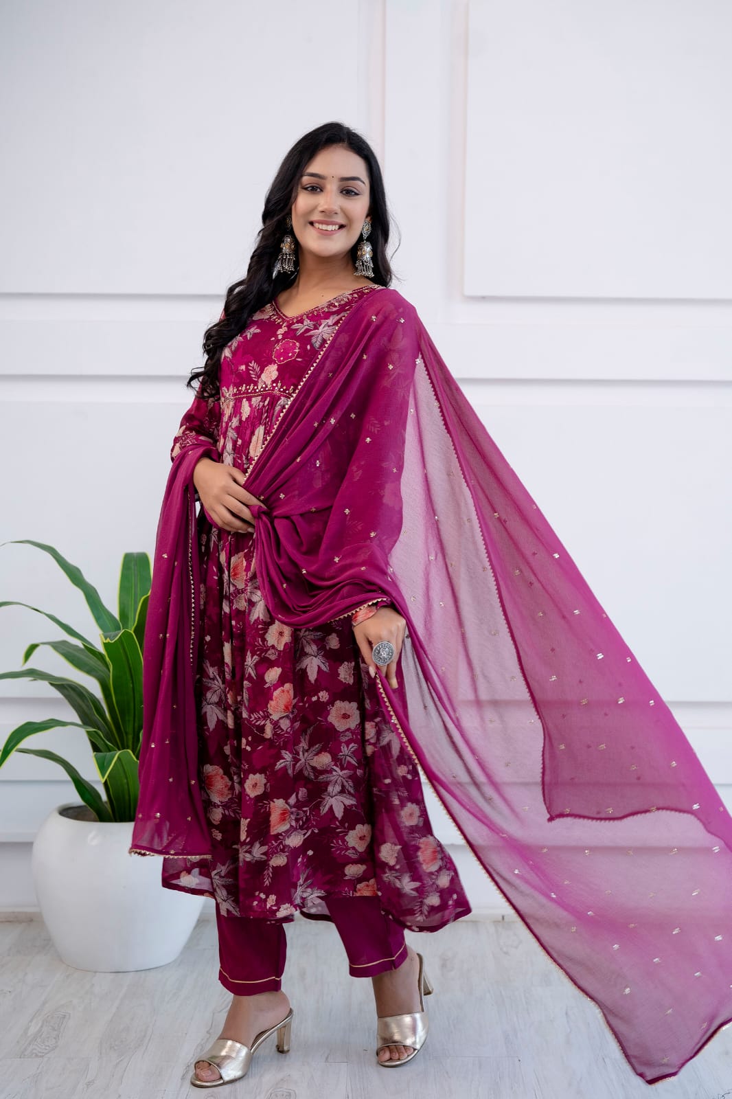Radha Wine Floral Printed Alia Pattern Suit Set
