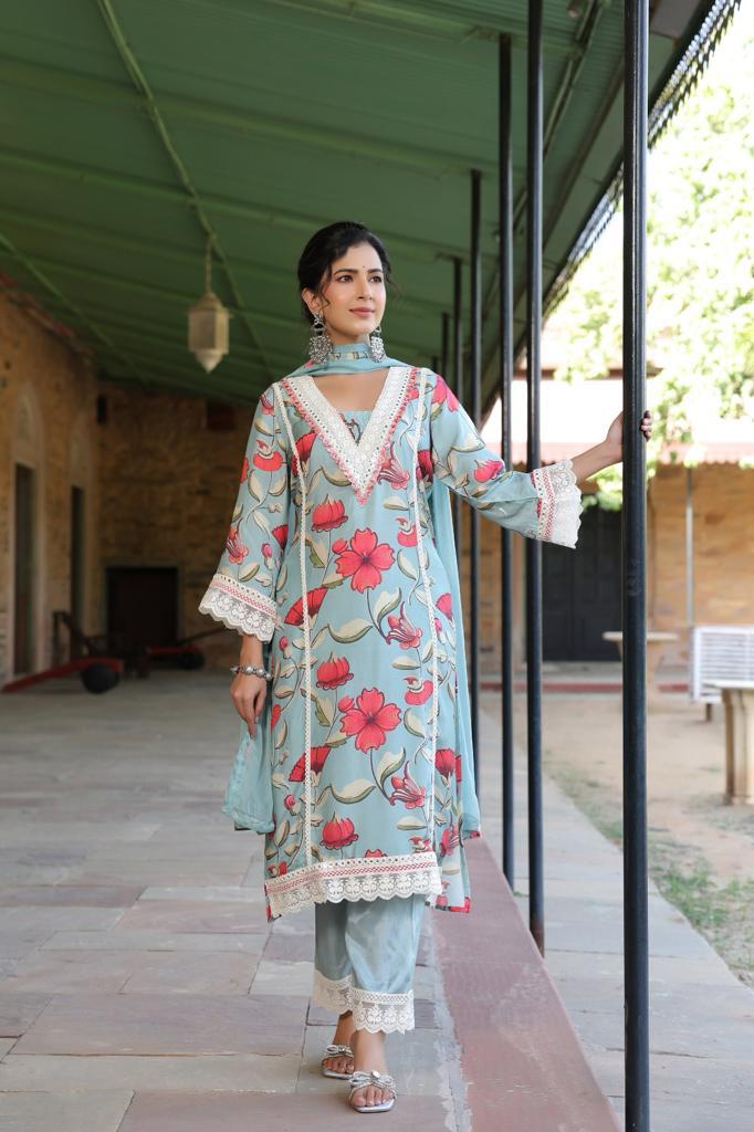 Vihaa Floral Printed Blue Pakistani Style Suit Set