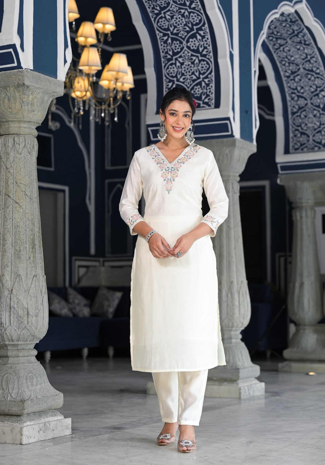 Vihaa Thread Embroidered White Straight Suit Set