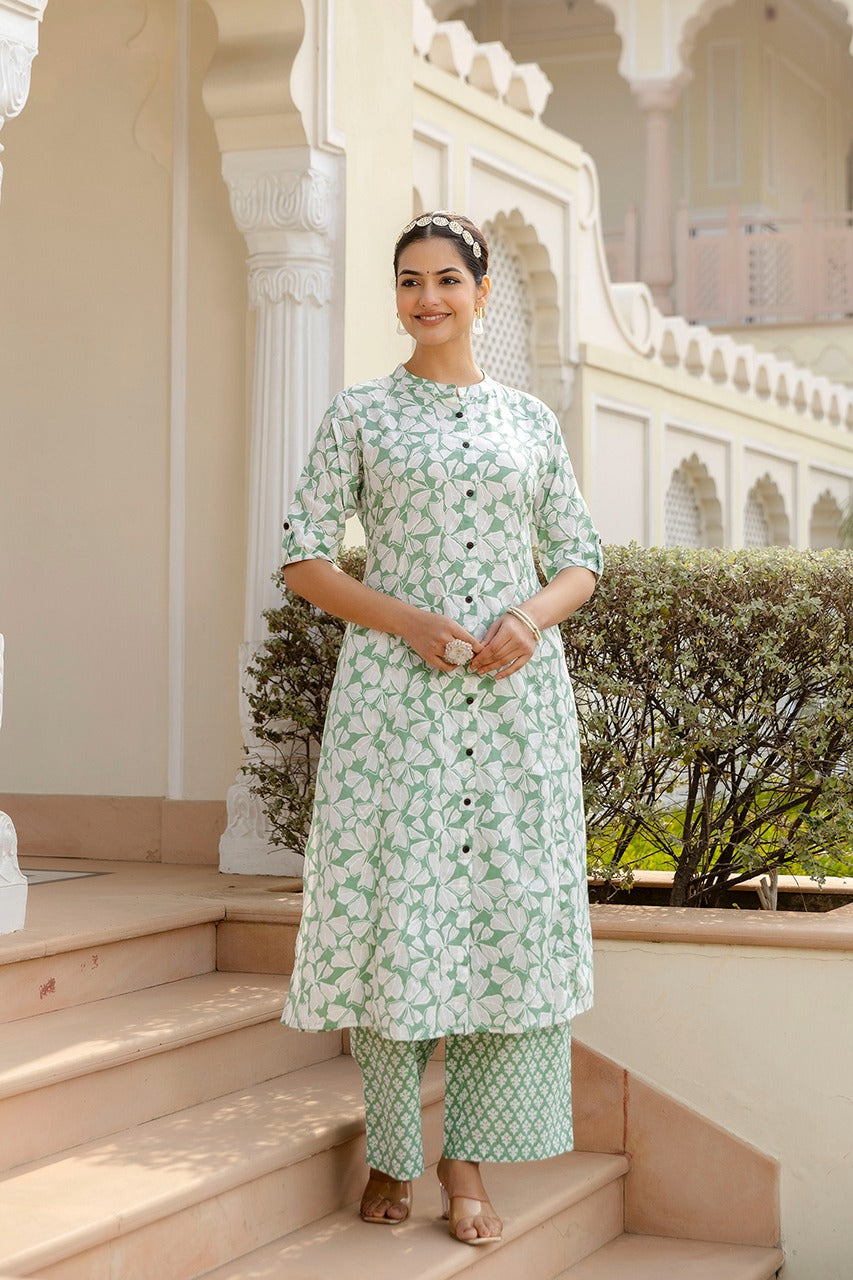 Maisha A-Line Block Printed White and Green Co-Ord Set