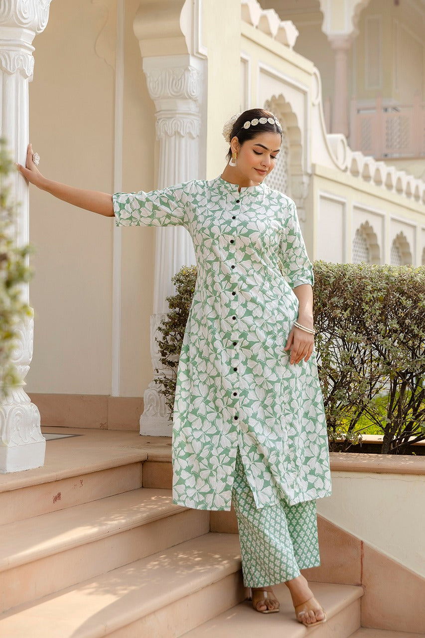 Maisha A-Line Block Printed White and Green Co-Ord Set