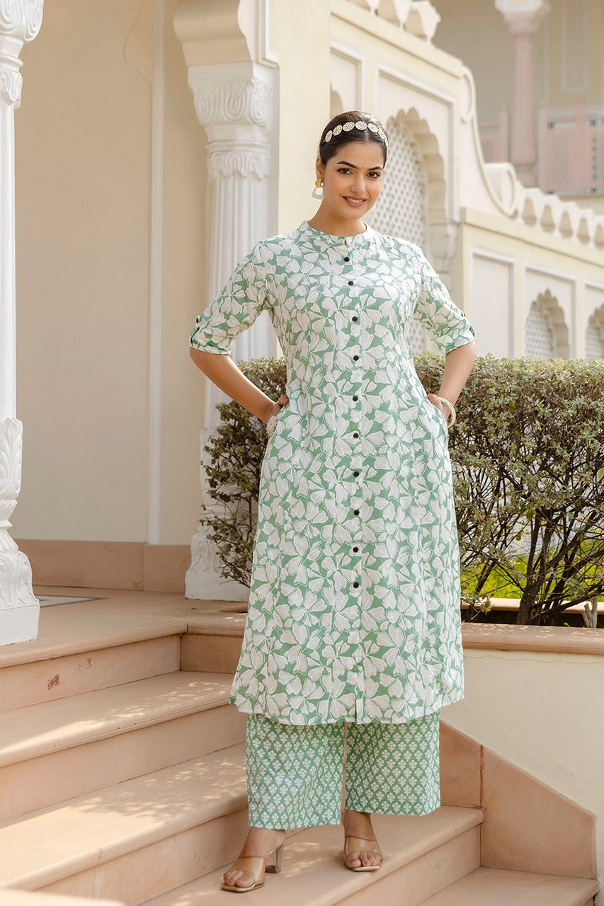 Maisha A-Line Block Printed White and Green Co-Ord Set