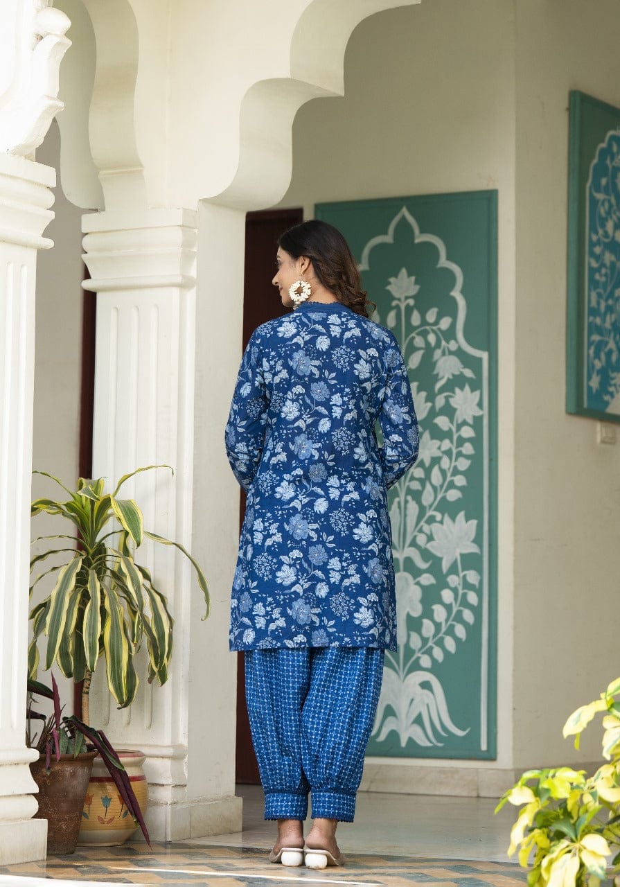 Akira A-Line Kalamkari Indigo Afghani Co-Ord Set