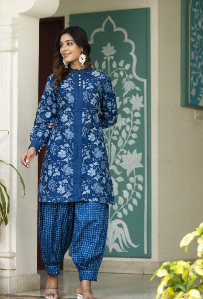 Akira A-Line Kalamkari Indigo Afghani Co-Ord Set