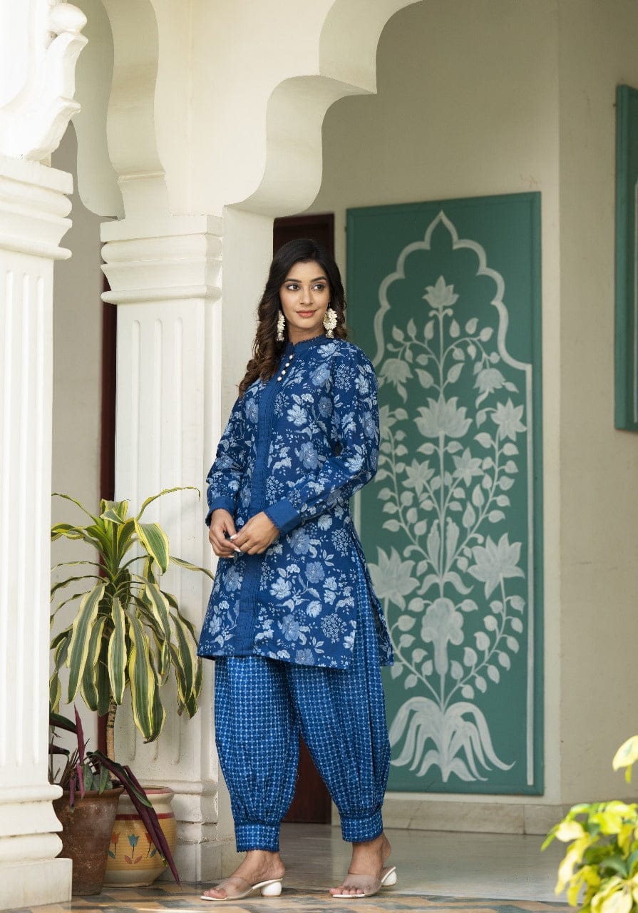 Akira A-Line Kalamkari Indigo Afghani Co-Ord Set