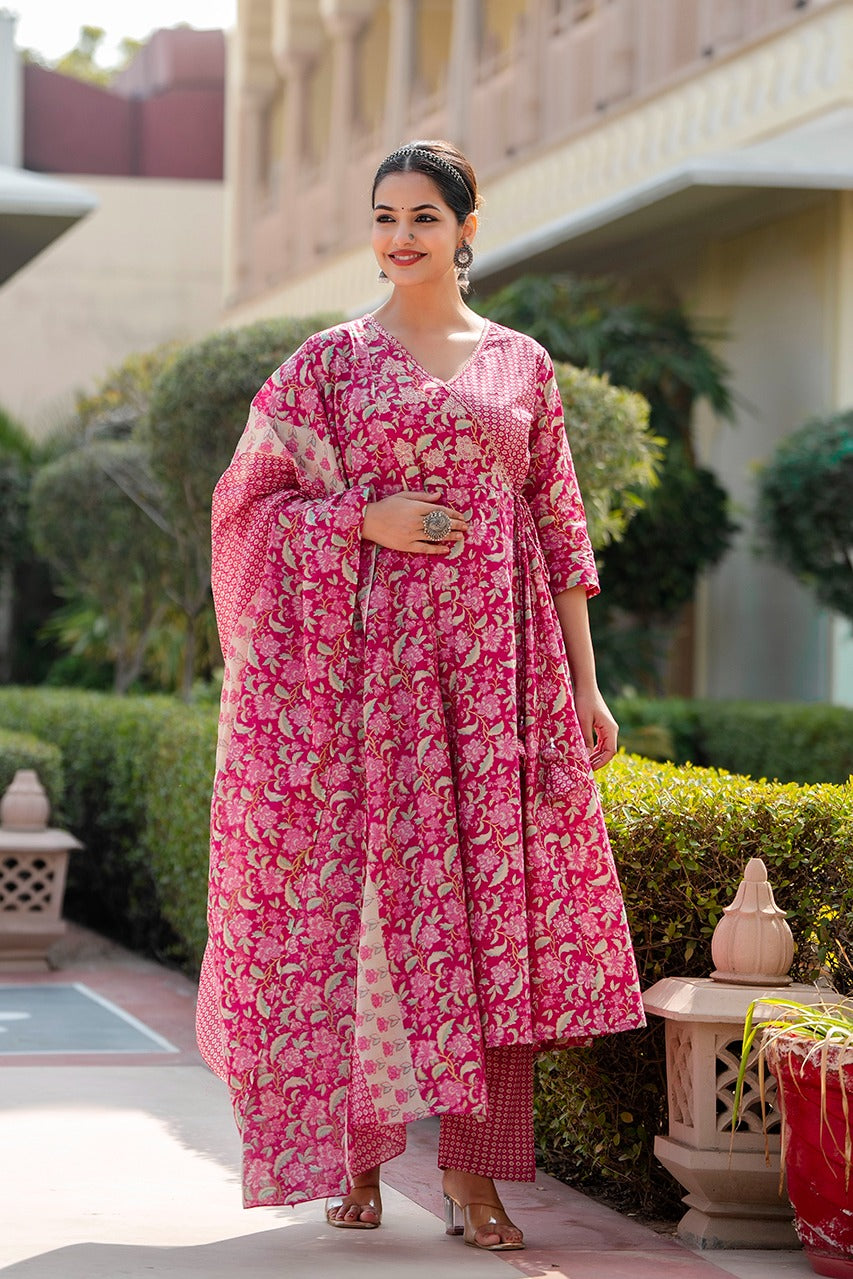 Kiara Pink Floral Block Printed Angrakha Suit Set