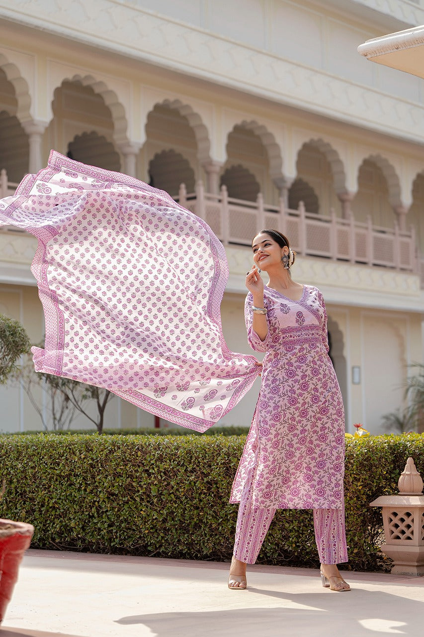 Maisha Block Printed Lavender Straight Suit Set