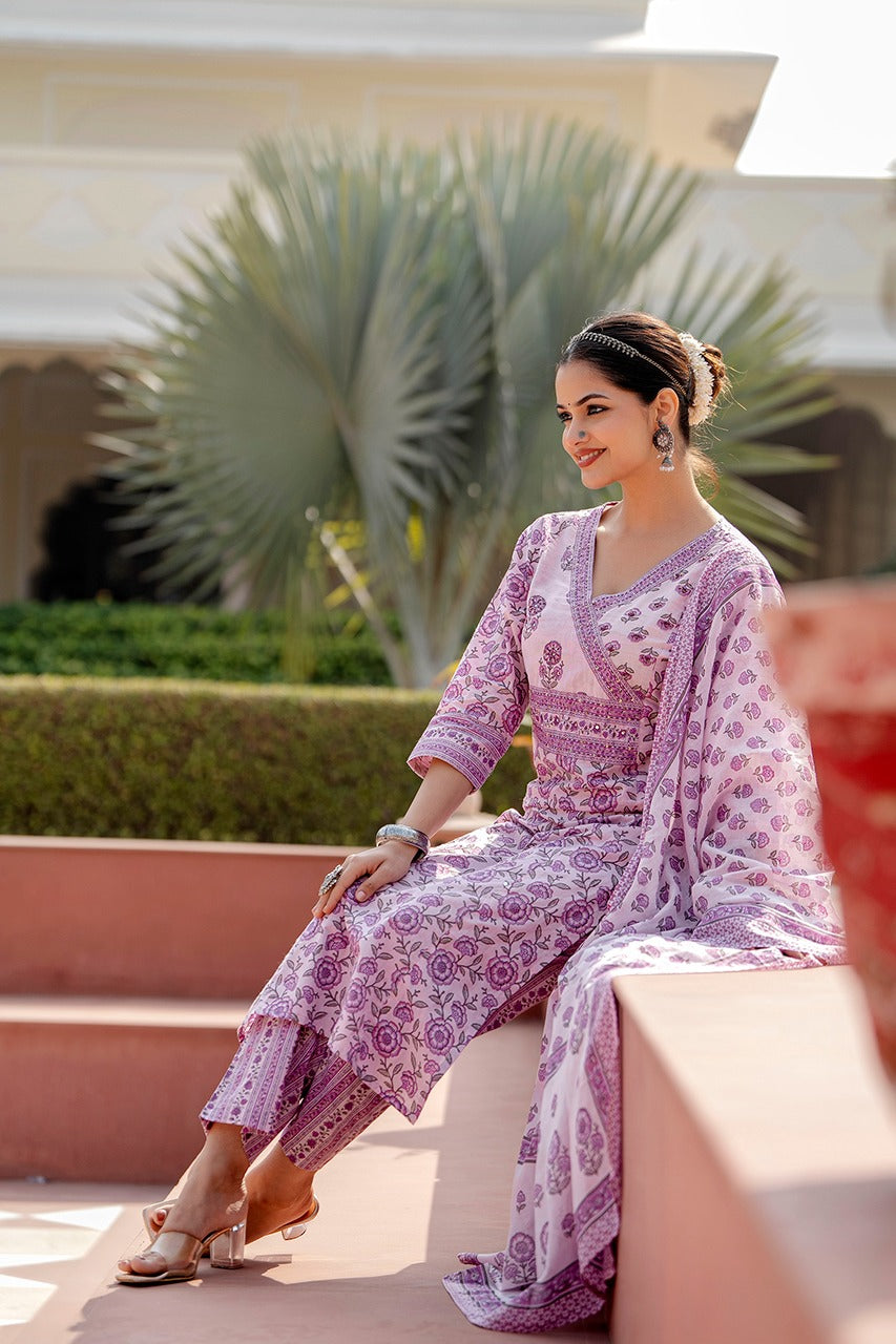 Maisha Block Printed Lavender Straight Suit Set