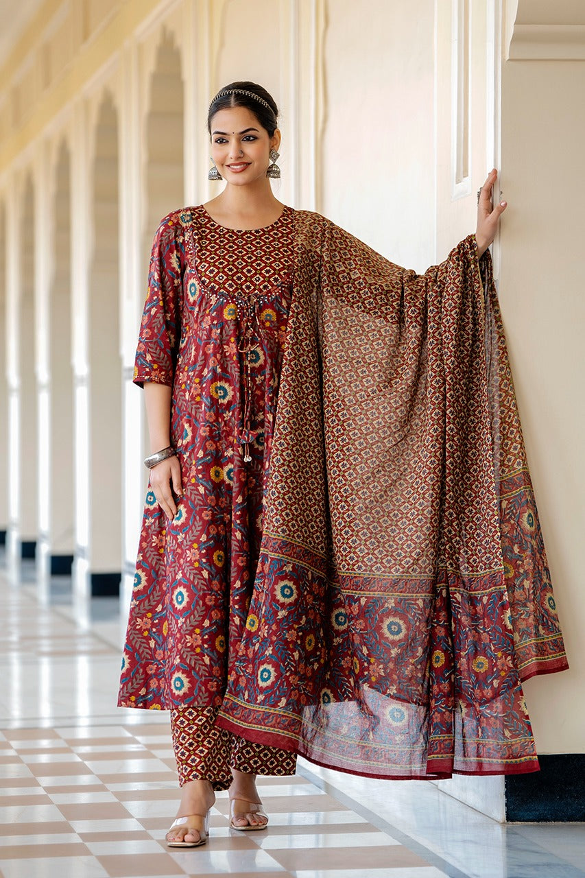 Akira Block Printed Brown Anarkali suit set