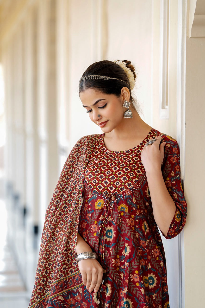 Akira Block Printed Brown Anarkali suit set